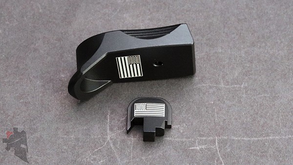 Bastion Gear aluminum slide backplate and magazine baseplate with American flag laser etched