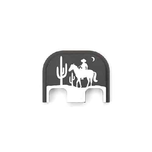 Custom Laser Engraved Slide Backplate for Glock Pistols | Cowboy on Horse in Desert at Night Design